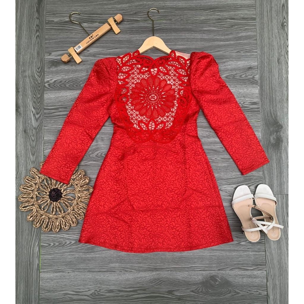 Váy thiết kế xòe gấm, váy gấm pha ren ngực cao cấp 2 màu trắng/đỏ xinh xắn - H&N Store 2
