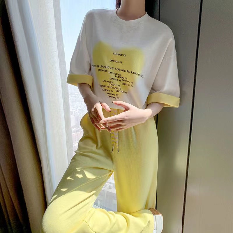 Summer new suit high waist casual ice wide leg pants women loose and versatile short sleeve T-shirt sports two piece set