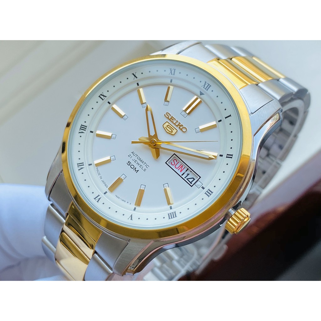 Đồng hồ Nam chính hãng Seiko 5 Automatic SNKP14J1 Size 42,Demi vàng,Mặt trắng,Lịch-Máy cơ tự động-Dây kim loại cao cấp