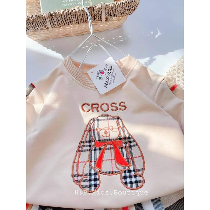 Set váy thu đông bé gái, váy BBR gấu thêu vải da cá quảng châu