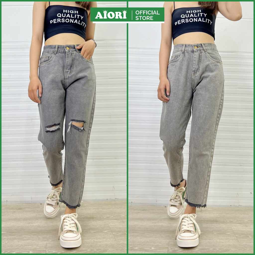 Quần Baggy Aiori Xám Lai Tua Lưng Cao Trơn ,Rách Ngang Gối Phong Cách Thời Trang Mã B025