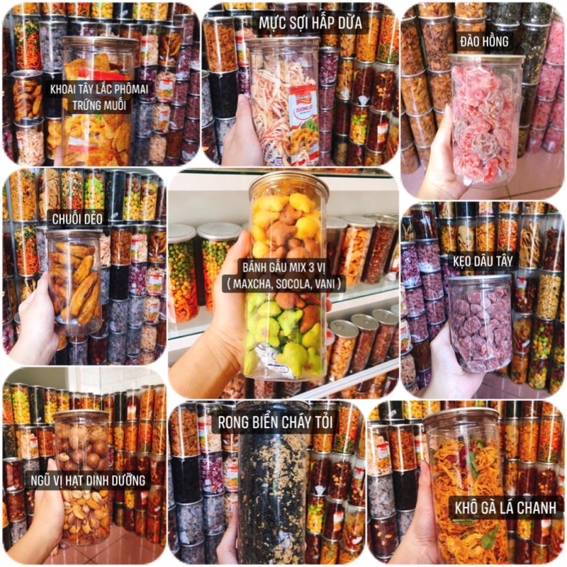 Thế giới đồ ăn vặt (khô gà bò mực cơm cháy rong biển bắp khoai tây mận đào xí muội táo nho dâu chuối da cá bánh gấu kiwi