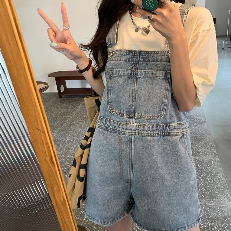 Quần yếm SUXI denim ống rộng lưng cao màu sắc trơn thời trang cho nữ