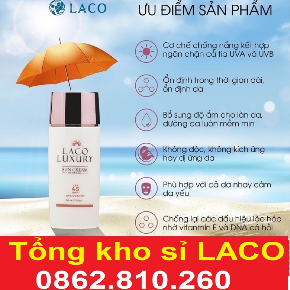 Laco Luxury Sun Cream 50ml Kem Chống Nắng, dưỡng trắng SPF45 PA++++ Lên Tone, Chống UVA, UVB, Không Nhờn, Kiềm Dầu