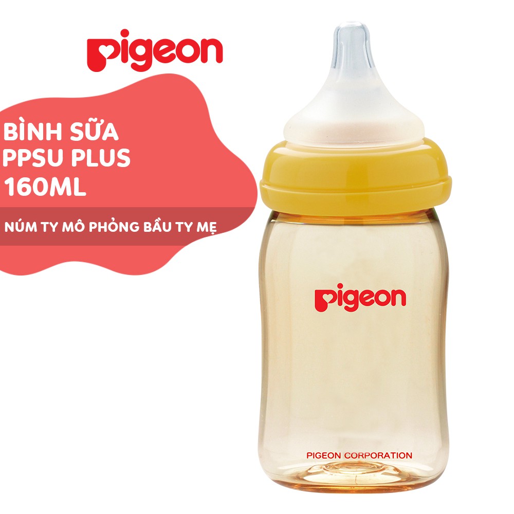 Bình sữa Pigeon 160ml / 240ml cổ rộng PPSU Plus với núm vú silicone siêu mềm Plus