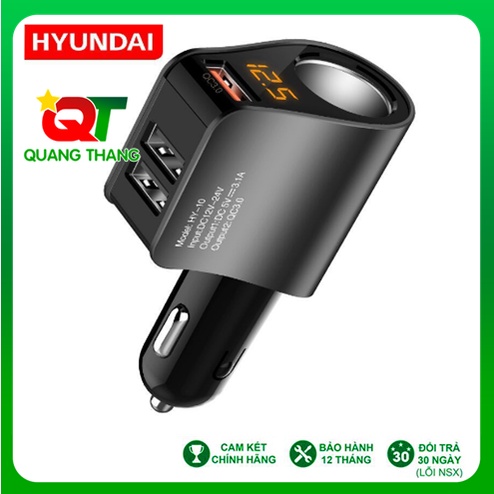 Tẩu Sạc Ô tô, Xe Hơi Hyundai 1 Tẩu Tròn (3 cổng USB) - Có Đèn Led Báo Điện Áp