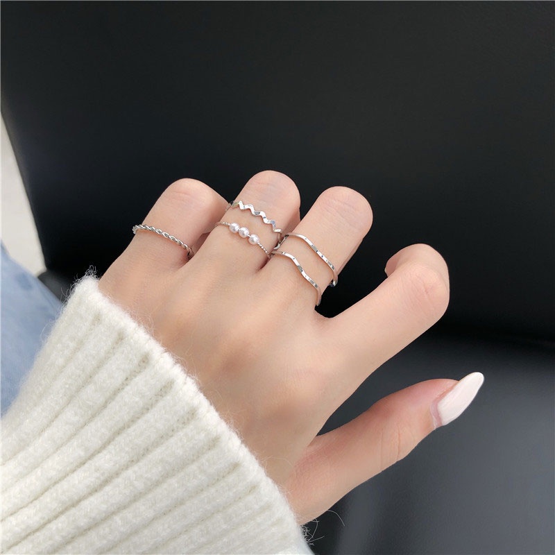 🌺Set 5 Nhẫn Đính Ngọc Trai Nhân Tạo Thiết Kế Xinh Xắn Theo Phong Cách Hàn Quốc