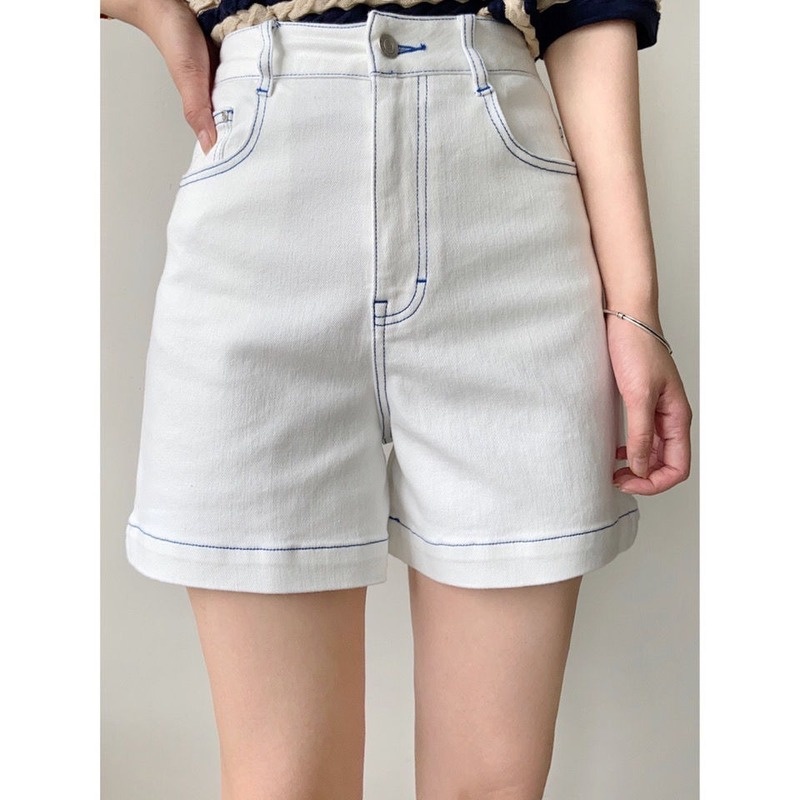 Quần short denim cạp cao ống rộng in chữ phong cách mùa hè cho nữ