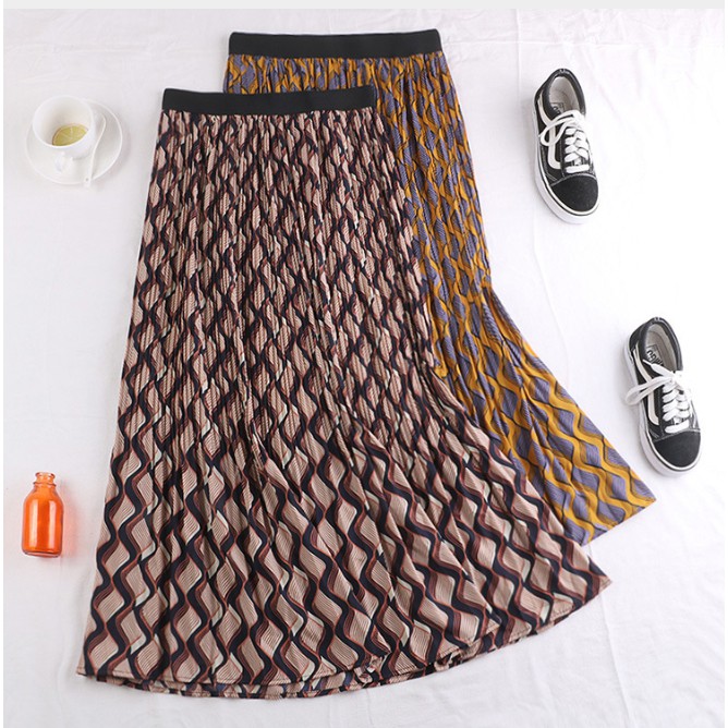 Chân váy xếp ly họa tiết sóng bắt mắt VAY67 vải đẹp, không nhăn