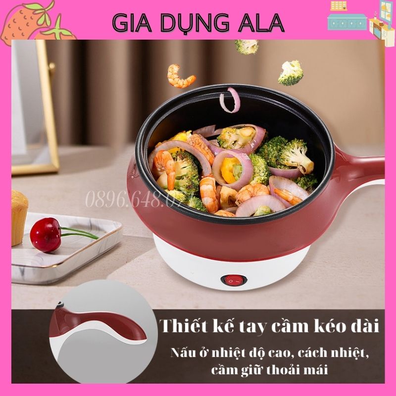 Nồi Lẩu Mini Điện Đa Năng Nấu Mì 2 Tầng Chống Dính Siêu Tốc Hấp Rán Chiên 18cm, Ca Nấu Mì Mini Kèm Xửng