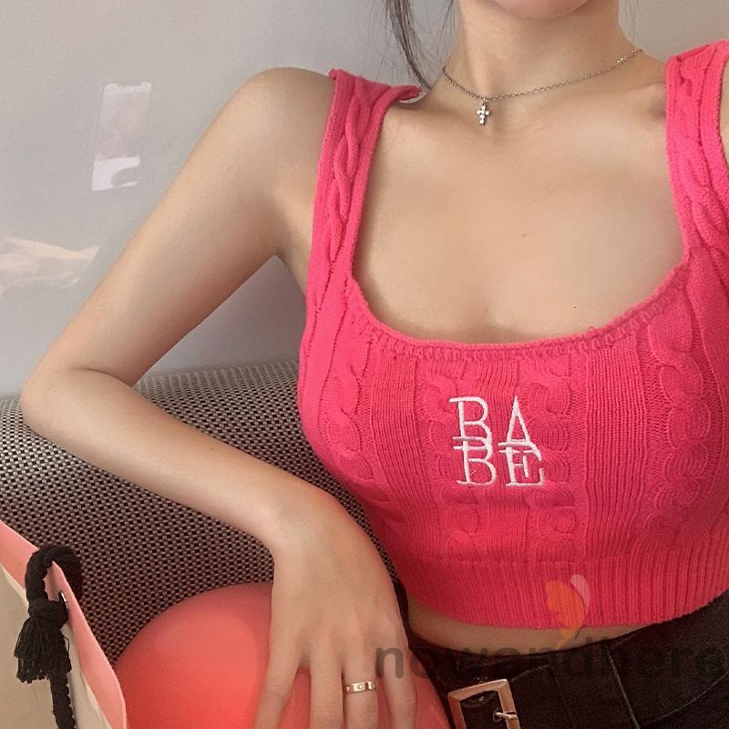 Áo Tank Top Móc Cổ Chữ U Ôm Dáng Thêu Chữ Màu Xanh Lá / Trắng / Đỏ / Đen Cho Nữ