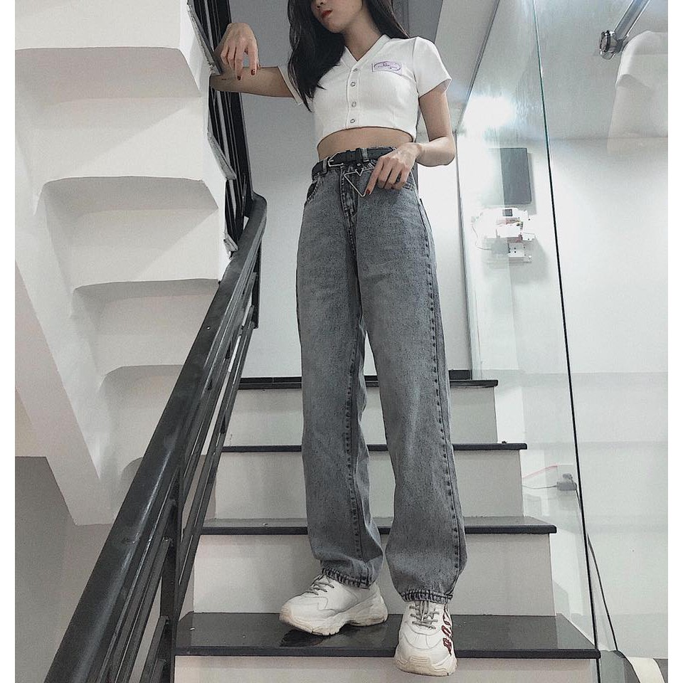 Quần Jeans Nữ Simple Jeans Lưng Cao Dáng Suông Ống Rộng Ulzzang Đủ Màu - GIN STORE