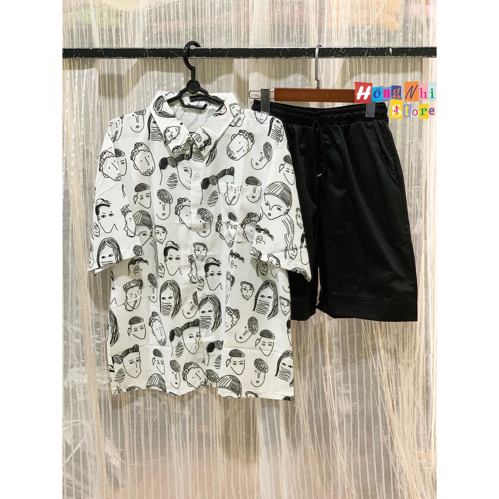 Set Áo Sơ Mi Hoạ Tiết Phối Quần Short Kaki Dáng Rộng Unisex - MM