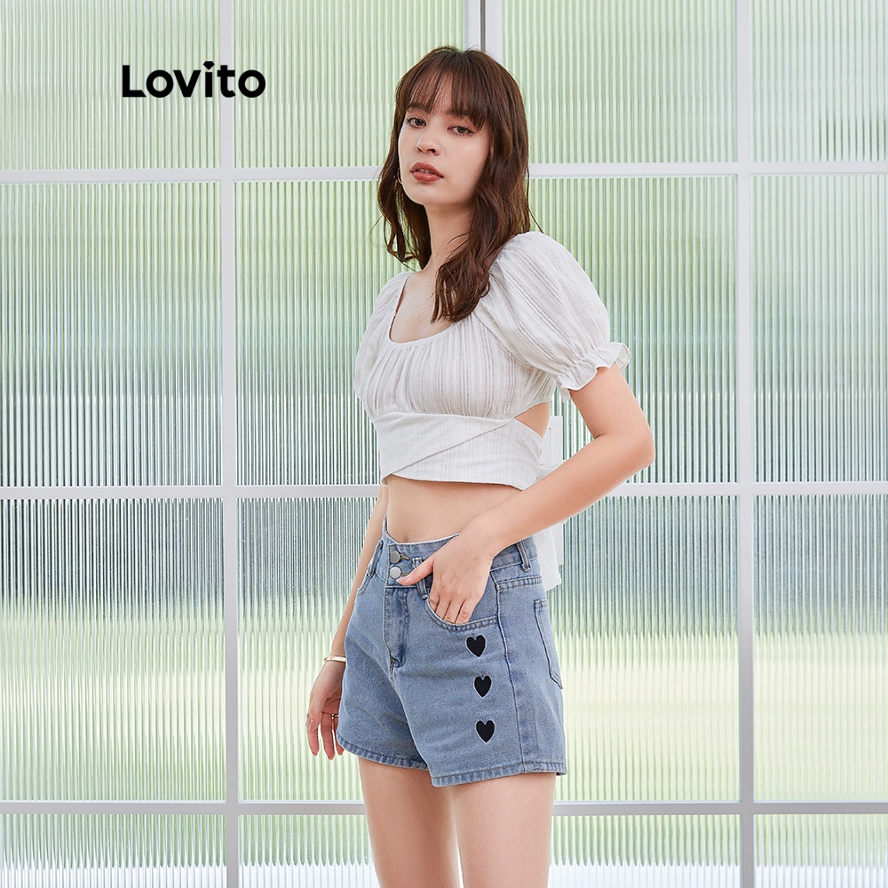Áo Kiểu Lovito Màu Trơn Ôm Dáng Cột Sau Lưng Tay Ngắn Phồng Viền Xếp Nếp Thường Ngày L04180 (Màu Trắng) | BigBuy360 - bigbuy360.vn