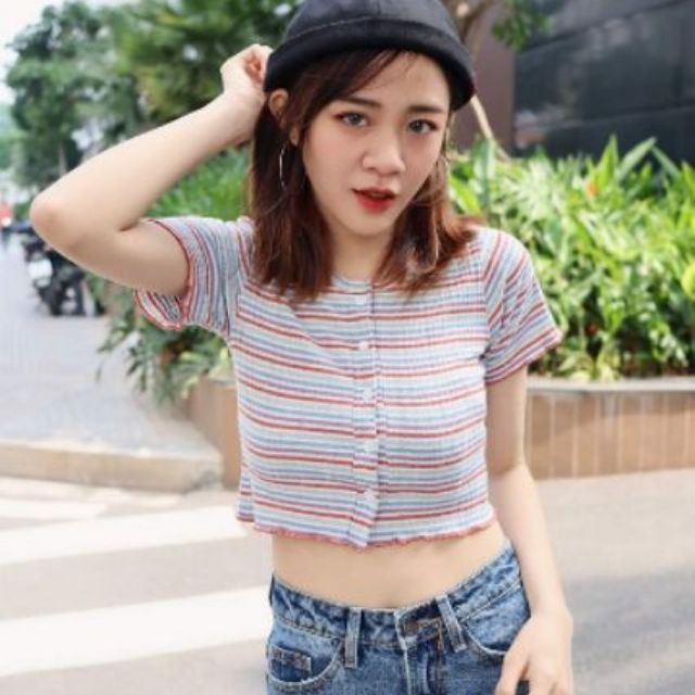 [ có video hình thật ]Áo Croptop Ôm Body ̀̀̀̀̀5 Nút Tay Ngắn