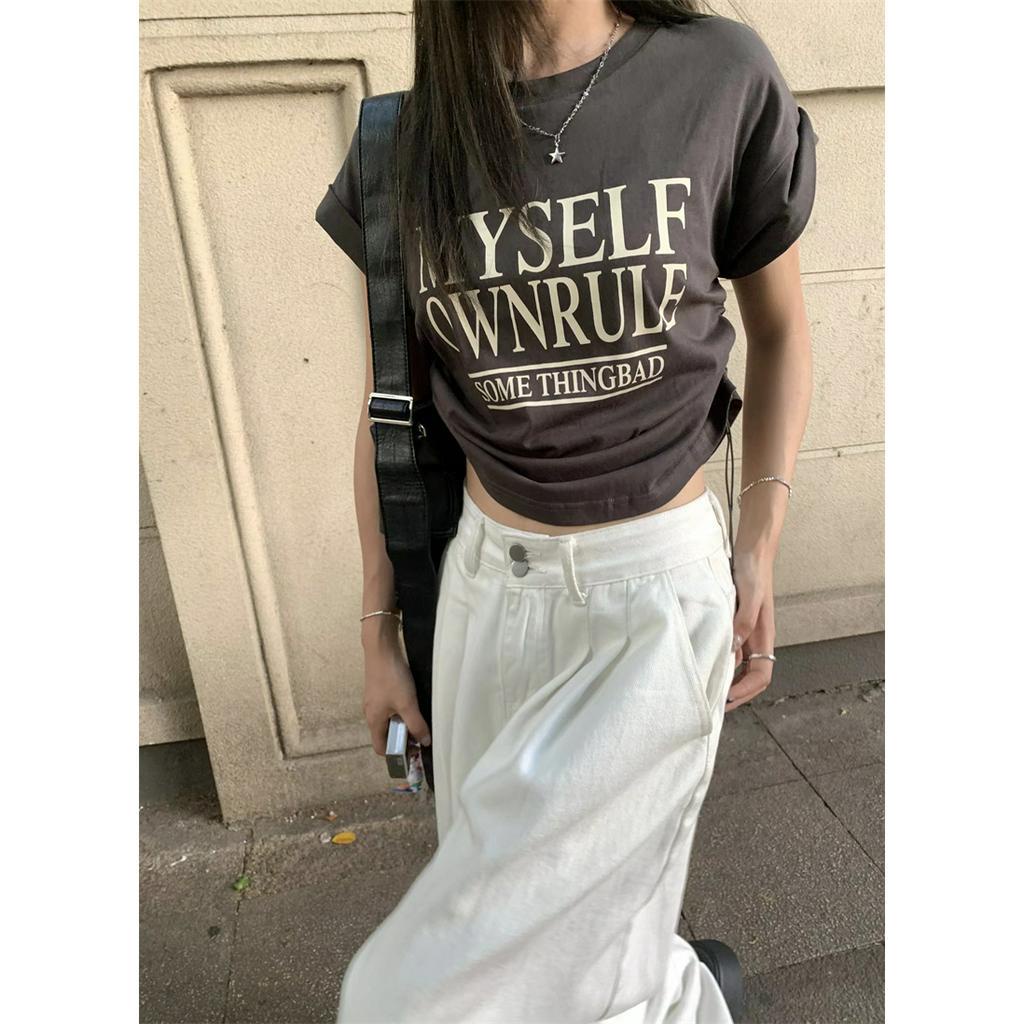 Áo Thun Cộc Tay Cổ Tròn In Chữ Mùa Hè Có Dây Rút Cho Nữ 63973