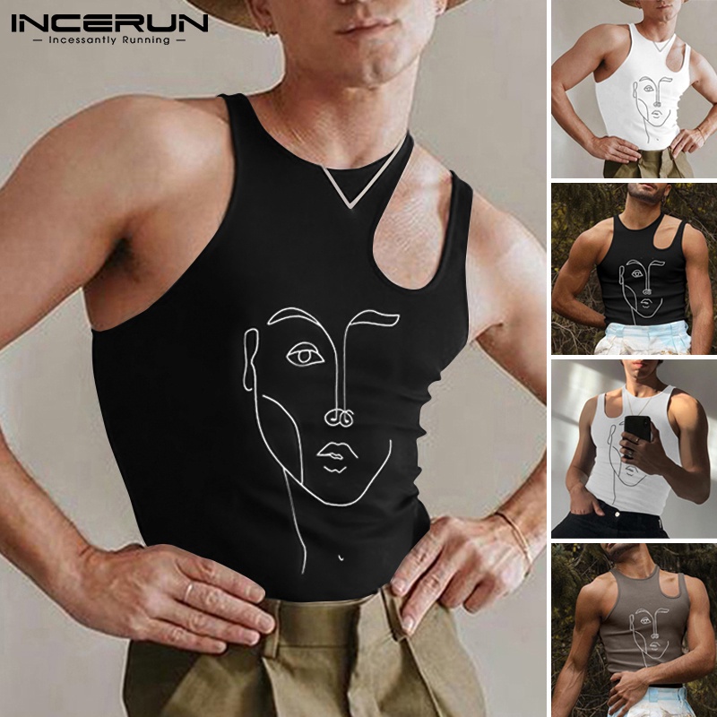 Áo thun INCERUN thiết kế bất đối xứng không tay họa tiết in dáng ôm cho nam