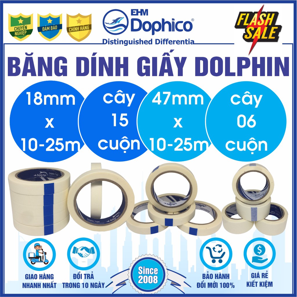 Băng dính giấy Dolphin chuyên dùng dán viết ghi chú, kẻ chỉ sơn tường, cố định tranh vẽ, chặn màu nước