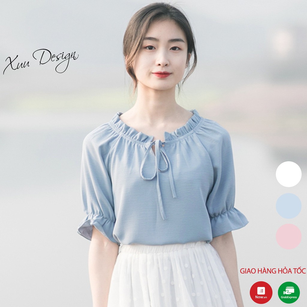 Áo sơ mi nữ cổ bèo tay lỡ Xuu, phong cách tiểu thư vải tăm thái SP10