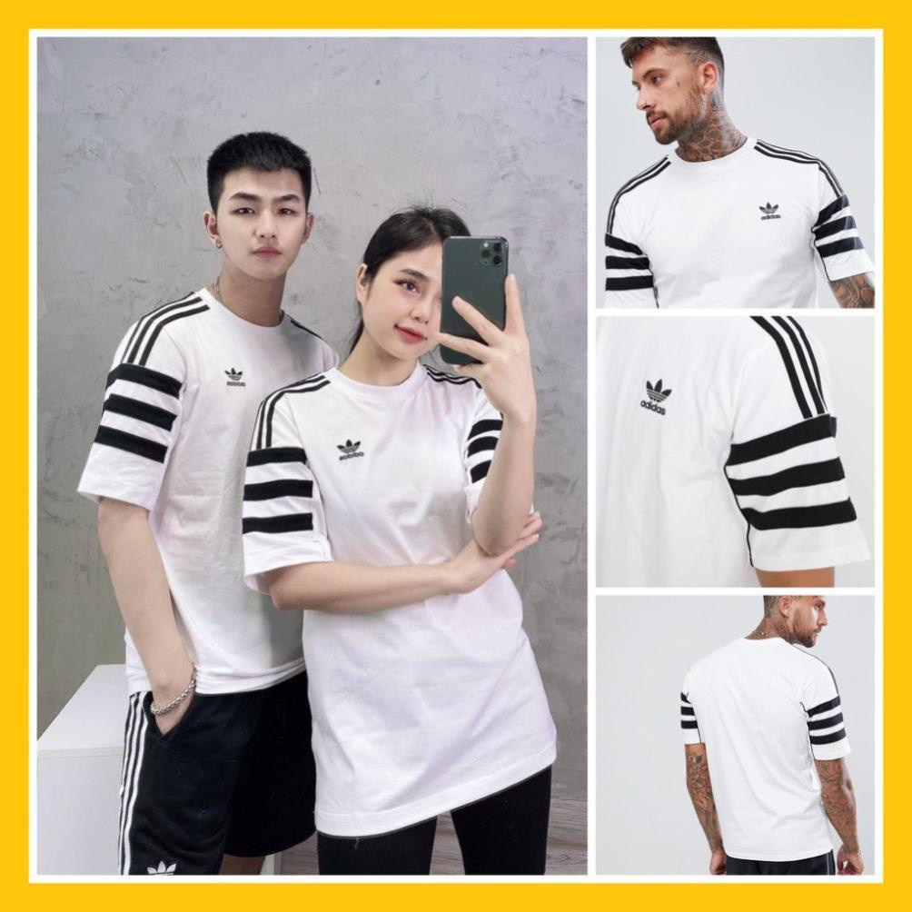 Áo Thể Thao Nam Nữ [Tee Shirt] Trắng 3 Sọc Ngang Tay Big Line [ĐỒ TẬP GYM]