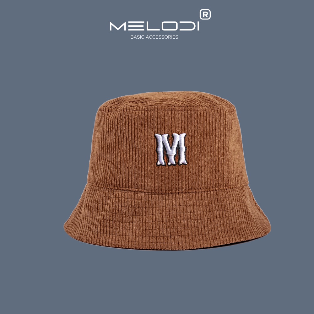 Nón bucket nhung gân vành cụp thêu logo brand Melodi , mũ bucket nhung thêu chữ M