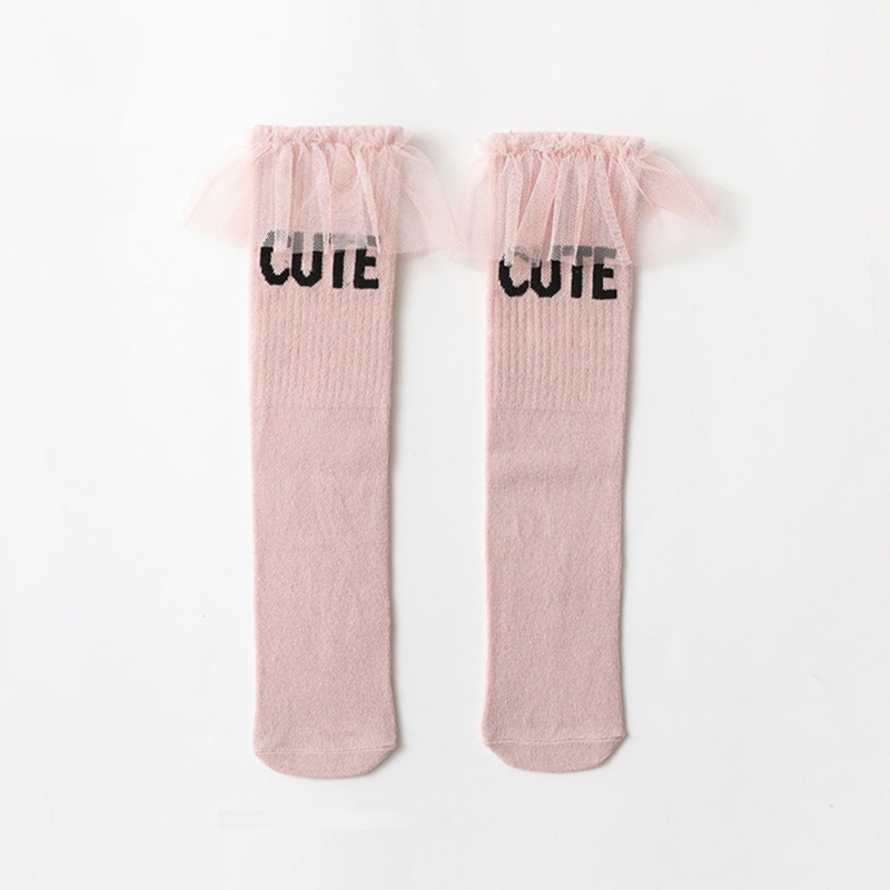 Vớ cotton mềm cao tới gối viền ren in chữ dành cho bé gái