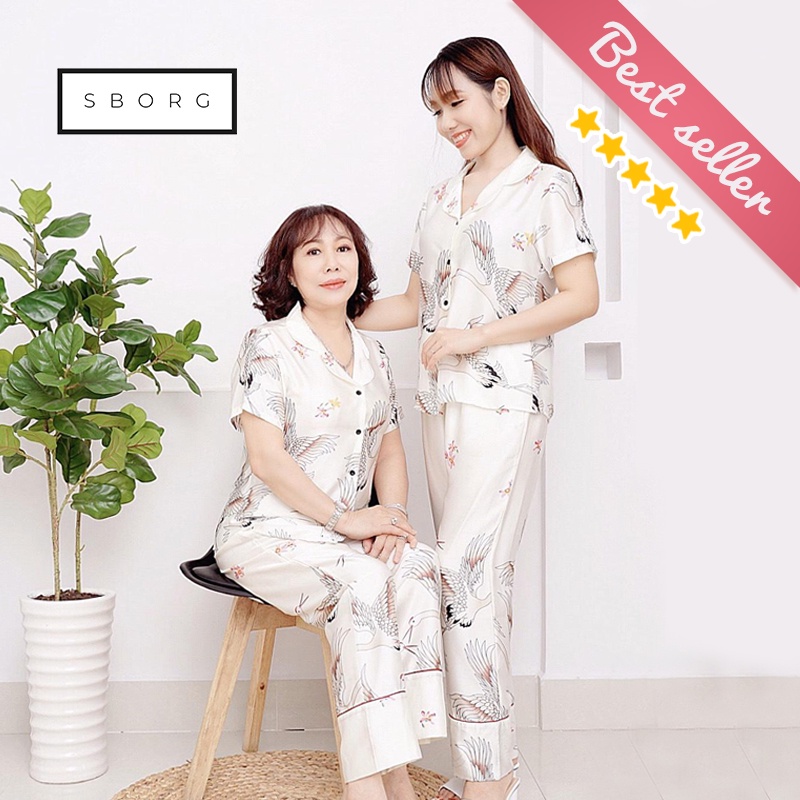 Đồ bộ trung niên SBORG pijama nữ mặc nhà lụa satin hạc sang trọng quần dài có túi đồ đôi mẹ và con gái quà tặng mẹ