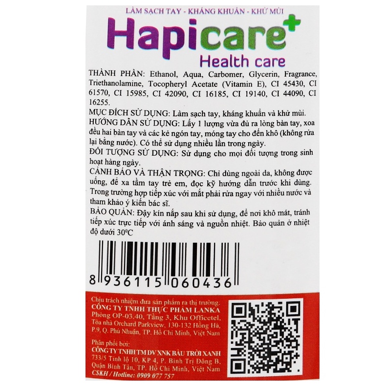 Gel rửa tay khô mini Hapicare+ (60ml) bỏ túi cho khả năng kháng khuẩn và khử mùi