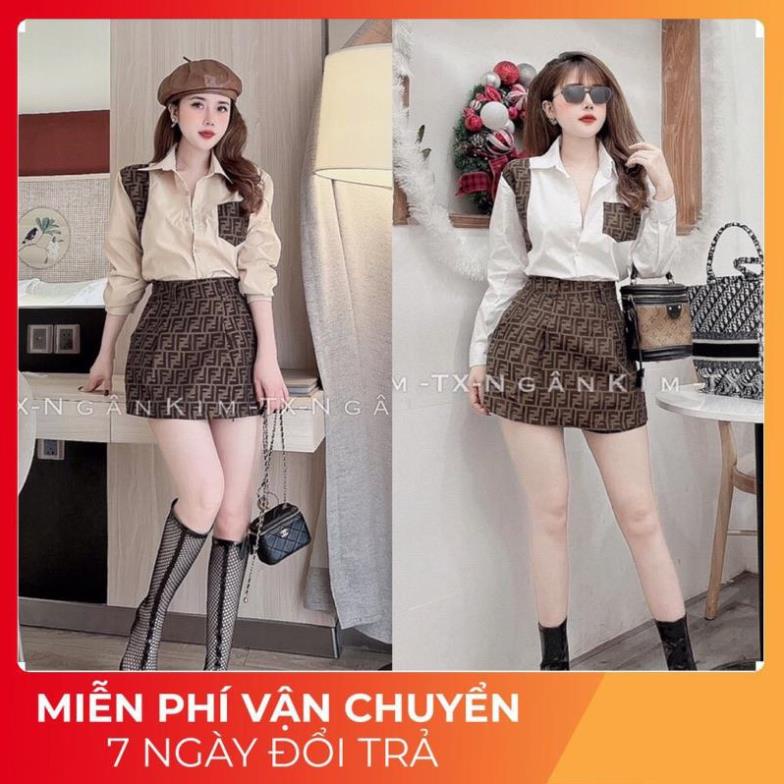 SET ÁO SƠ MI FEN DI FF MIX CHÂN VÁY HOẠ TIẾT SANG CHẢNH SIÊU HOT