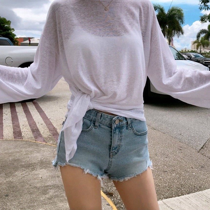 Áo thun IELGY tay dài dáng rộng xẻ tà thời trang mùa hè cho nữ