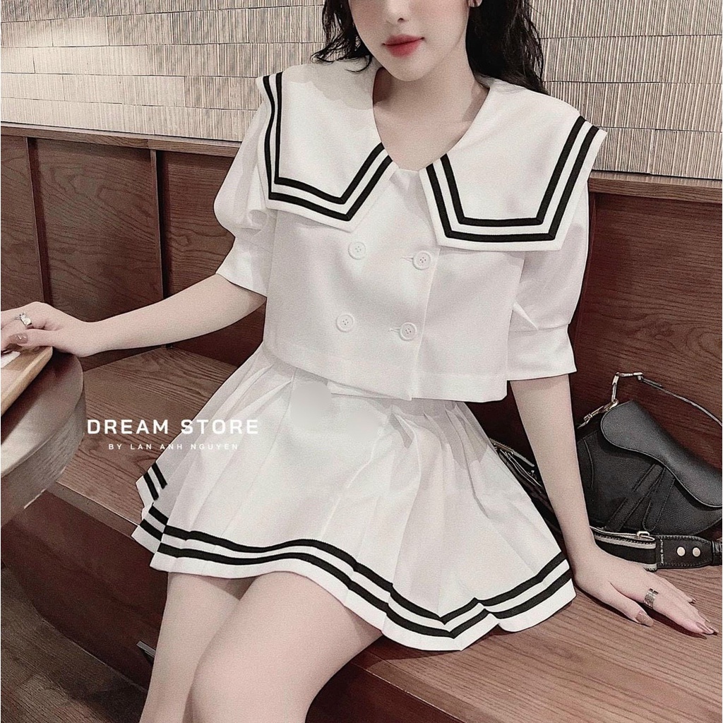 Set bộ thủy thủ cao cấp kèm chân váy có quần trong viền sọc trẻ trung cực dễ thương