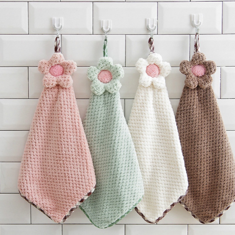 Khăn Lau Tay Cotton Mềm Mại Thấm Hút Tốt Họa Tiết Bông Hoa Màu Trơn Dành Cho Nhà Bếp