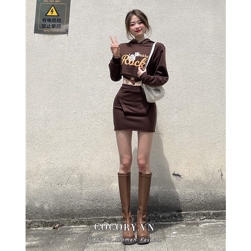 Áo hoodie croptop tay dài kiểu cổ điển họa tiết in / chân váy thời trang lưng cao quyến rũ cho nữ