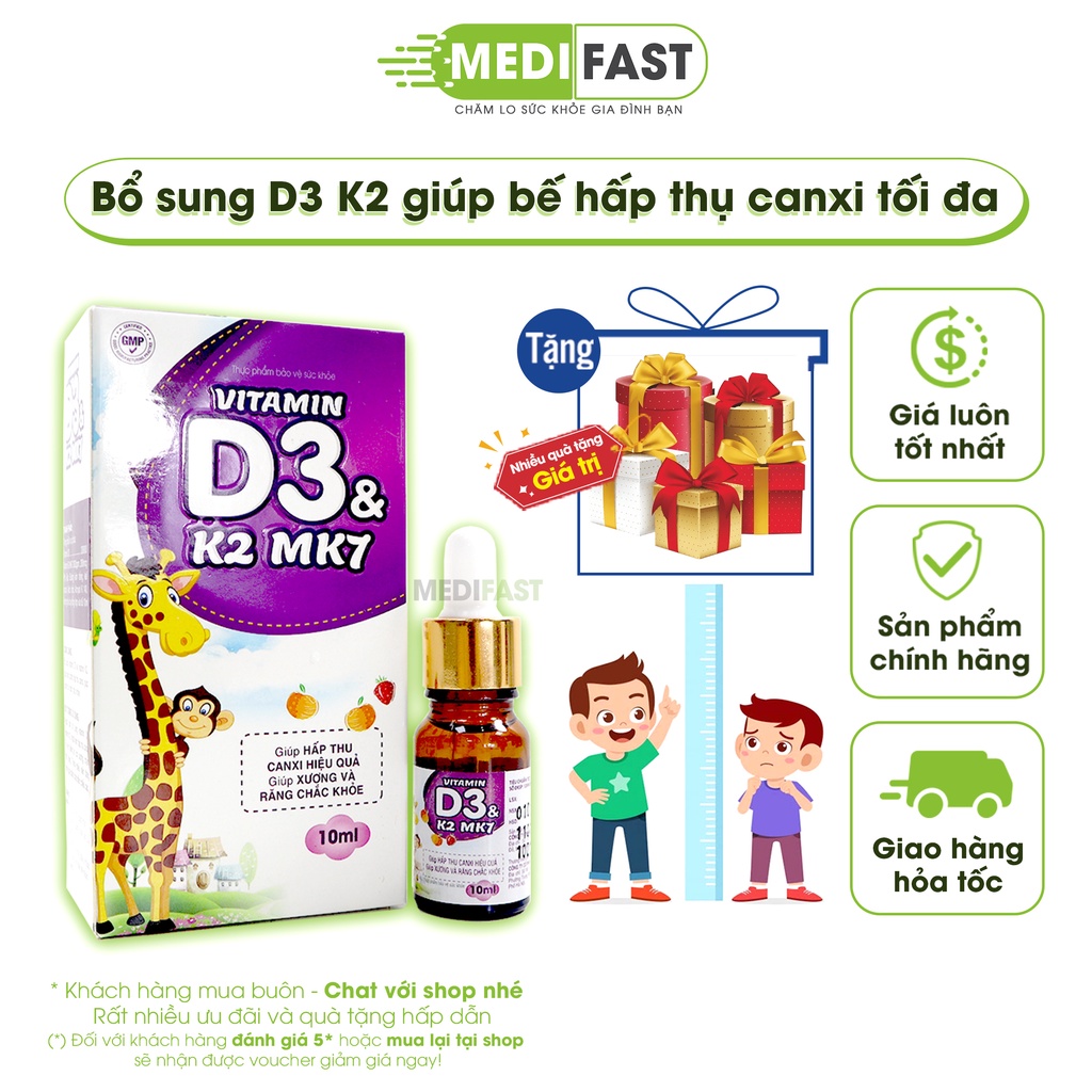 Siro bổ sung Vitamin D3 K2 Mk7 cho bé - Tăng cường hấp thu Canxi phát triển chiều cao k2d3 - Chai 10ml