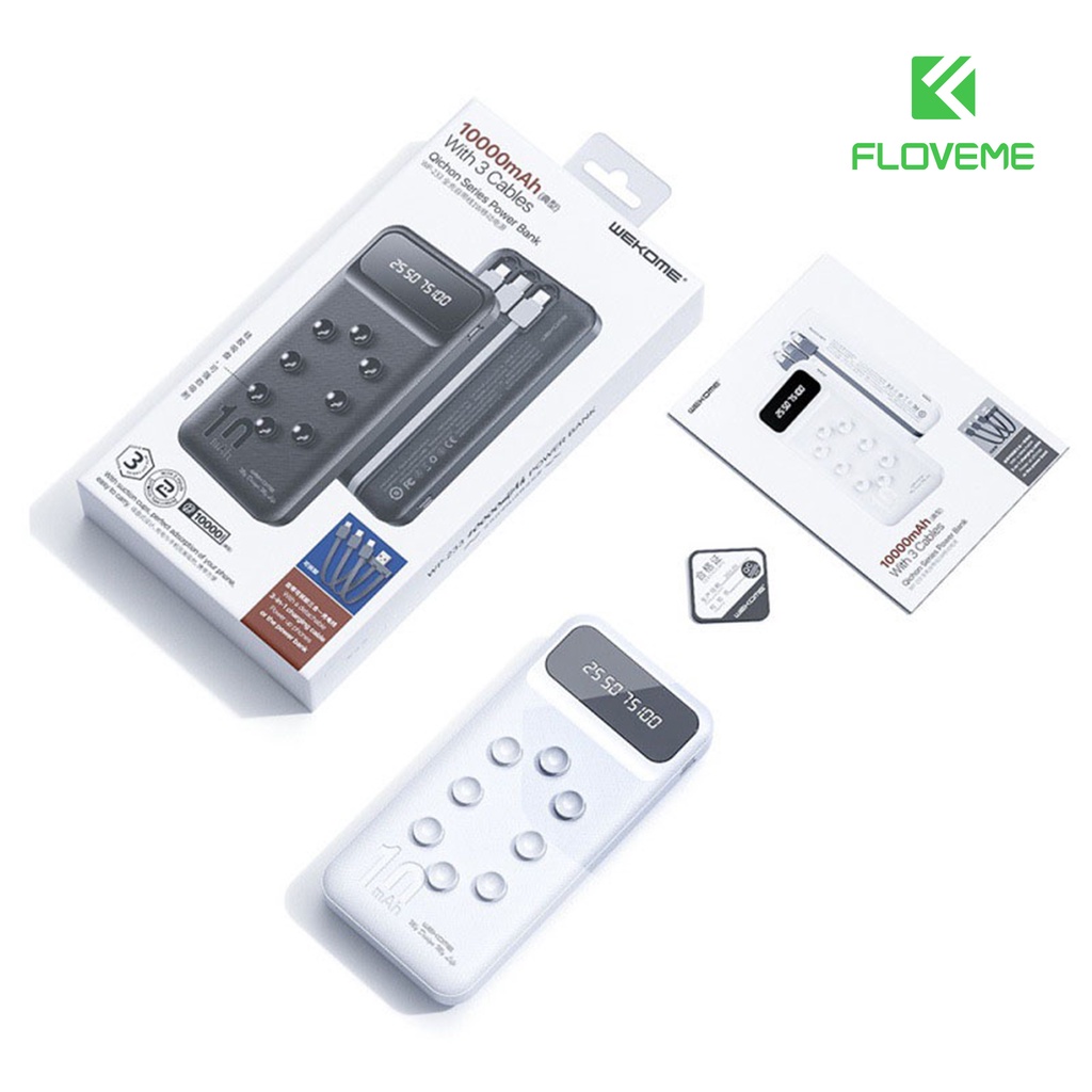 Sạc Dự Phòng 3 in 1/10000mAh Floveme WK 223, Sạc Nhanh Hiển Thị Màn Hình Điện Tử, Dành Cho iOS iPhone và Android