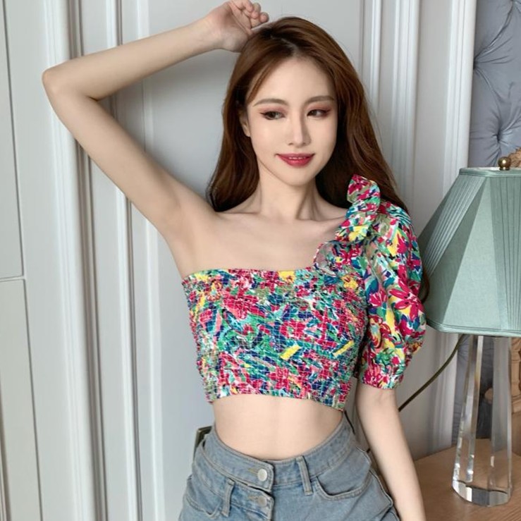 Áo Trễ Vai Chất Chiffon Hoạ Tiết Hoa Phong Cách Vintage