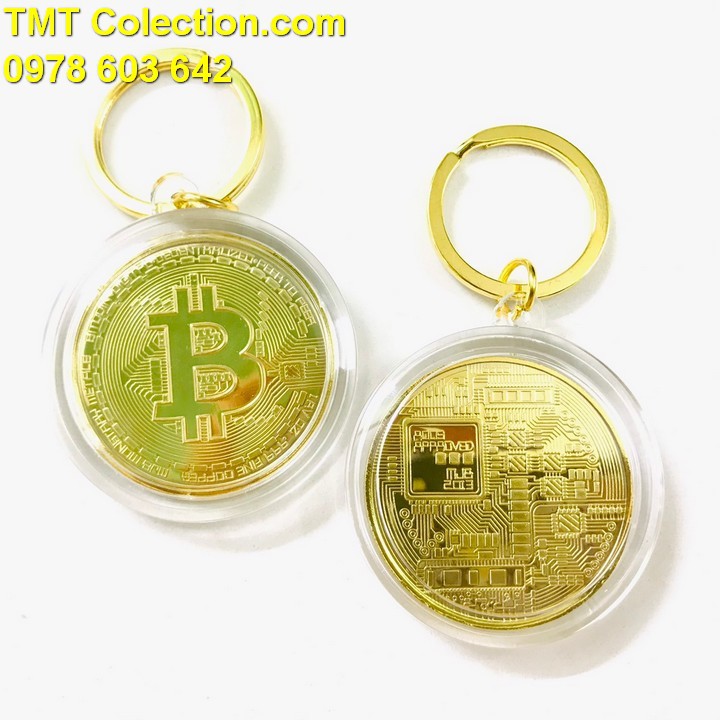Móc khóa xu Bitcoin Vàng, Đồng xu bên trong được làm bằng Niken mạ vàng, sáng bóng, chạm khắc rõ nét - SP005259
