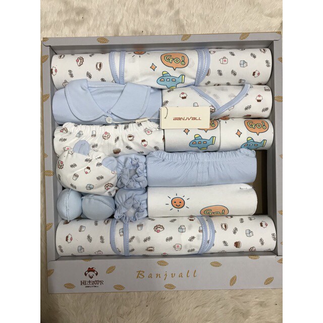 ( tặng giỏ đựng ) Sét sơ sinh cho be 18 món 100% cotton cao cấp .
