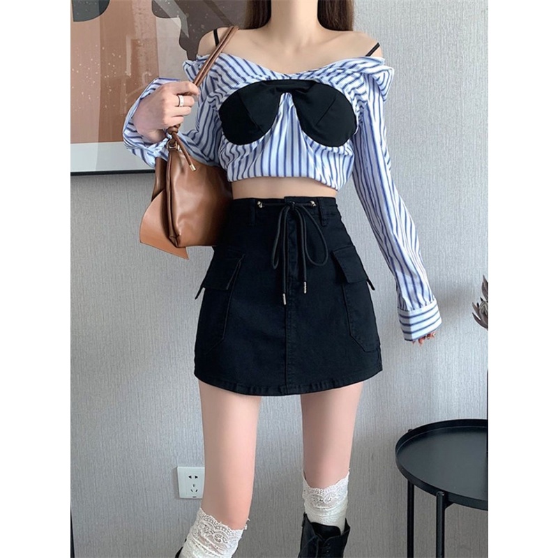 Chân Váy Denim Lưng Cao Phối Dây Rút Thời Trang Mùa Hè Cho Nữ