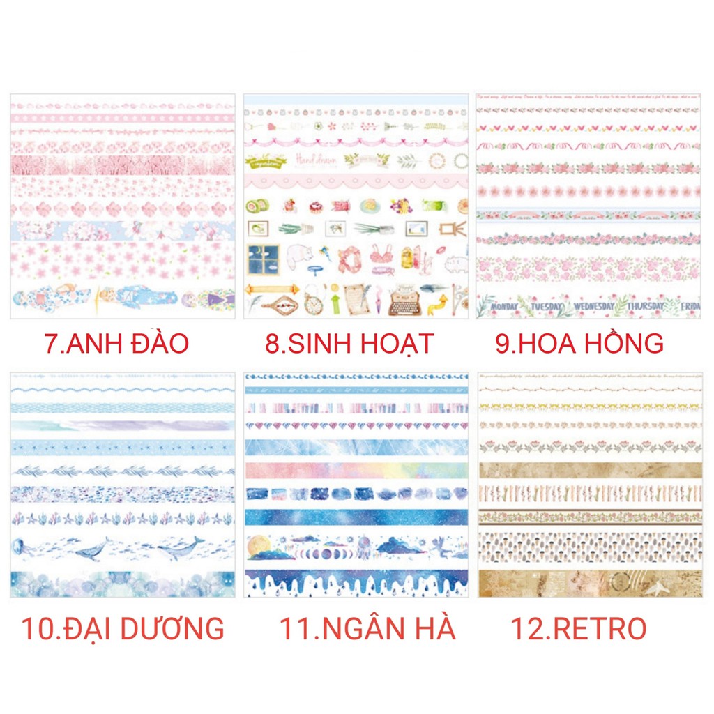 Hộp 10 cuộn băng dính washi tape mẫu hồng hạc anh đào tử đằng