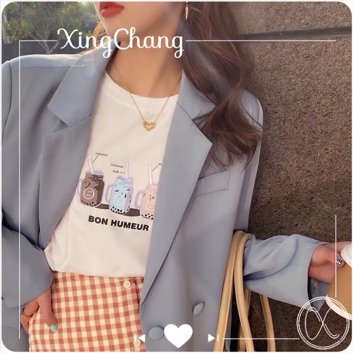 Áo cộc tay nữ trắng tay ngắn cổ tròn thanh lịch dễ phối đồ chất đẹp in Bon Humeur mã NXC80