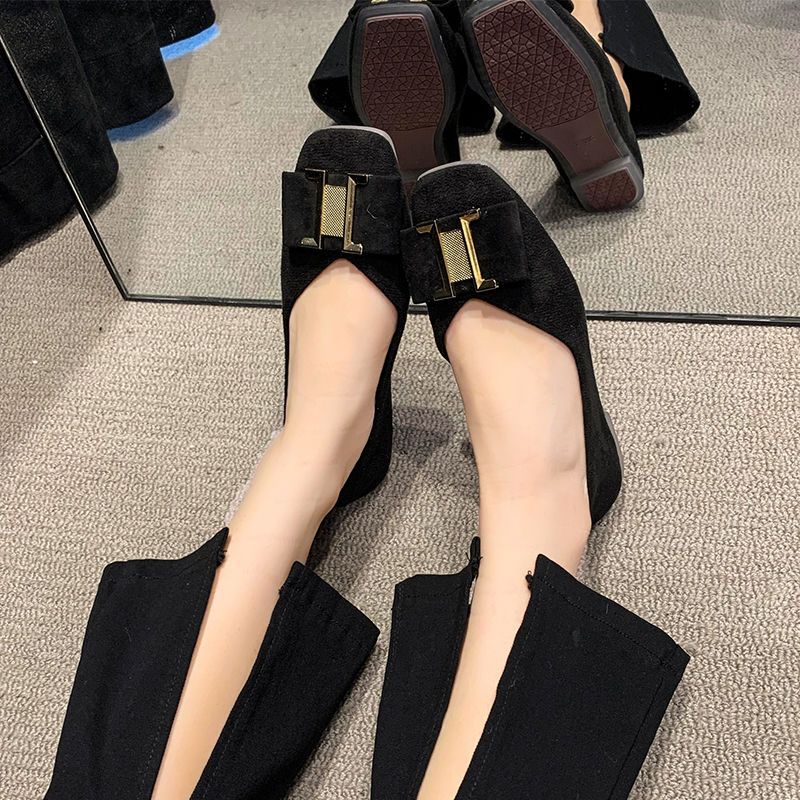 Giày Búp Bê Mũi Vuông Đế Bằng Phối Khóa Kim Loại Thời Trang Mùa Thu 2022 Mới Cho Nữ