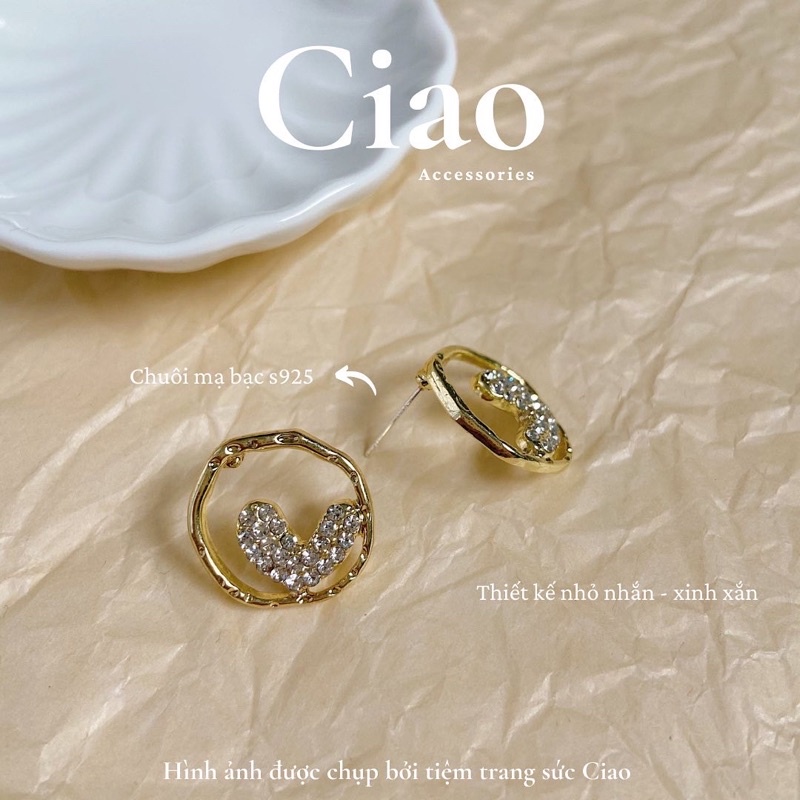 [HOẢ TỐC 1H] Khuyên tai/ Bông tai mạ bạc S925 thiết kế bản tròn hình tim Heart Circle Ciao