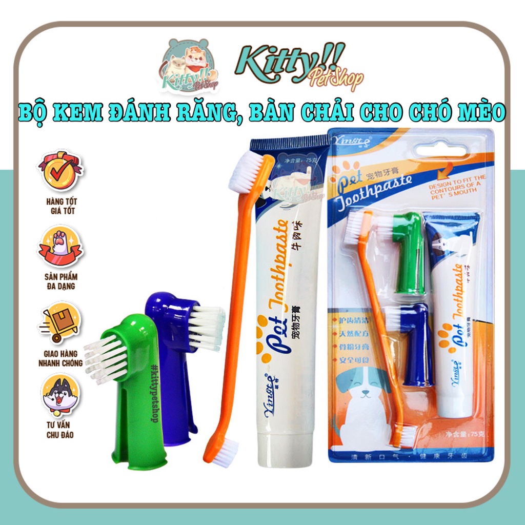 Bộ bàn chải và kem đánh răng dành cho chó mèo Pet Toothpaste, chăm sóc răng miệng thú cưng - Kitty Pet Shop B
