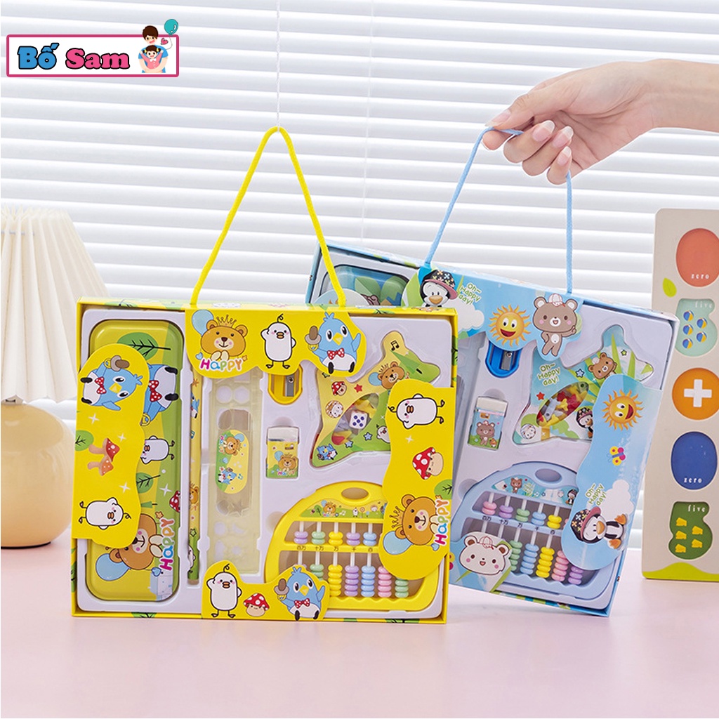 Bộ dụng cụ học tập 8 chi tiết hộp bút, thước kẻ, bàn tính, tẩy, bút chì cute Shop Bố Sam