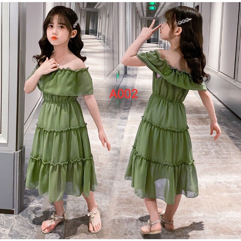 Váy trễ vai xếp tầng màu xanh lá nữ tính size đại (từ 110-150cm)