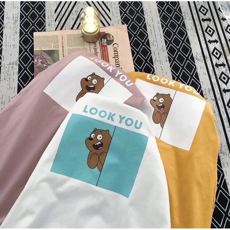 Áo thun tay lỡ form rộng gấu LOOK YOU 2 - Unisex nam nữ đều mặc được