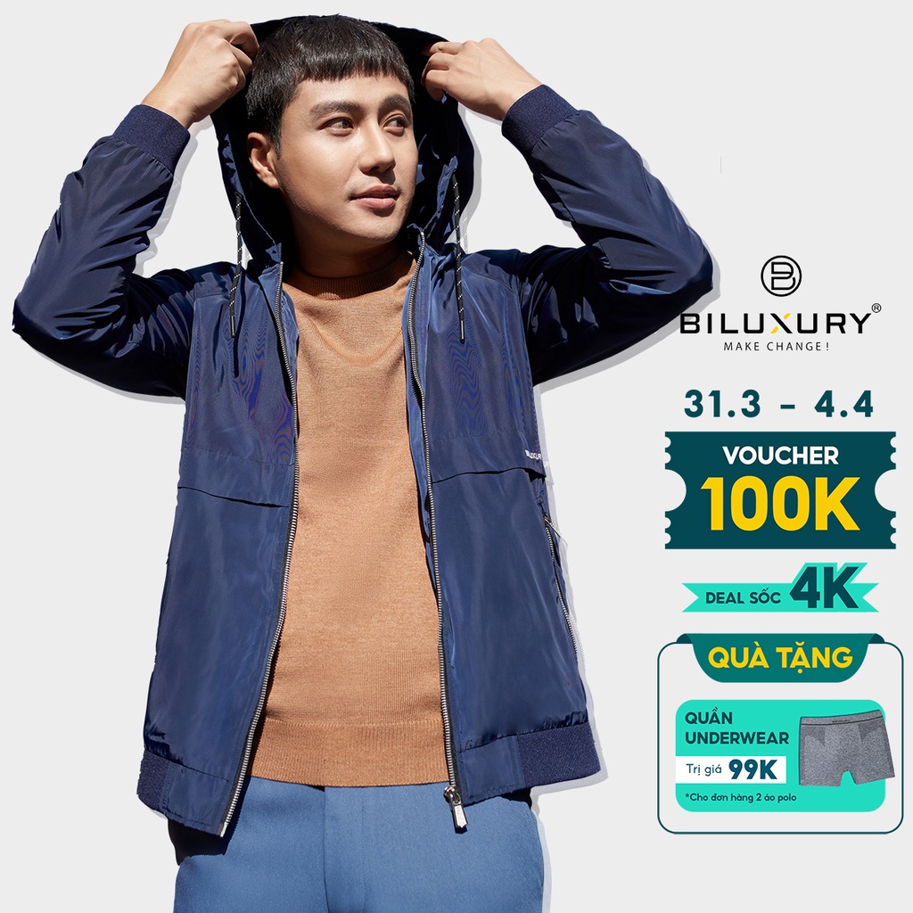 Áo khoác nam Biluxury gió 2 lớp có mũ Polyester chống nước nhẹ giữ nhiệt tốt 5AG2T004
