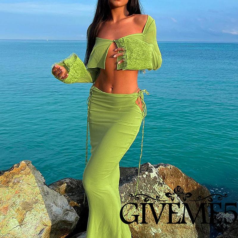 Set Đồ 2 Món Gồm Áo Lửng Dài Tay Màu Trơn Và Chân Váy Dài Xẻ Tà Cho Nữ