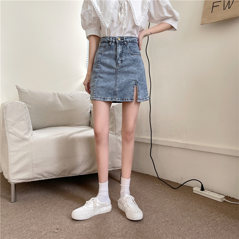 Chân váy jean SUXI dáng chữ A lưng cao xẻ tà thời trang mùa hè cho nữ